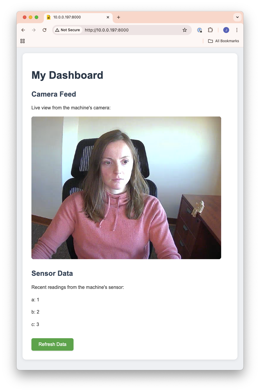 A web browser displaying a dashboard with a camera feed and sensor readings.
